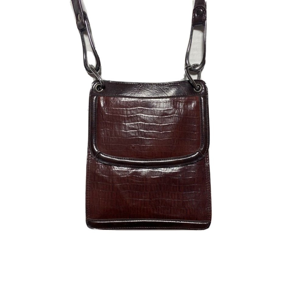 Vintage Brown Croc Bag Purse Crossbody Flap Retro Patent Faux Leather Womens 70s